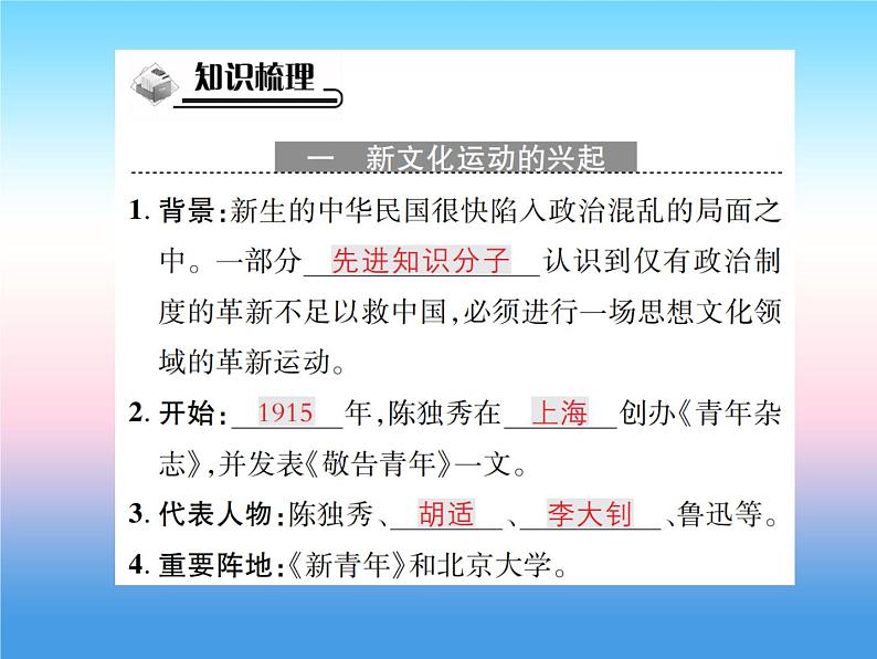 人教部编版八年级上册历史第四单元新时代的曙光第12课新文化运动作业ppt课件02