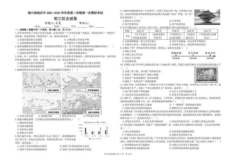 2022年宁夏银川市唐徕回民中学九年级第一次模拟历史试题（含答案）01