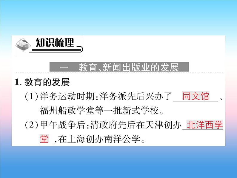 人教部编版八年级上册历史第八单元近代经济社会生活与教育文化事业的发展第26课教育文化事业的发展作业ppt课件第2页