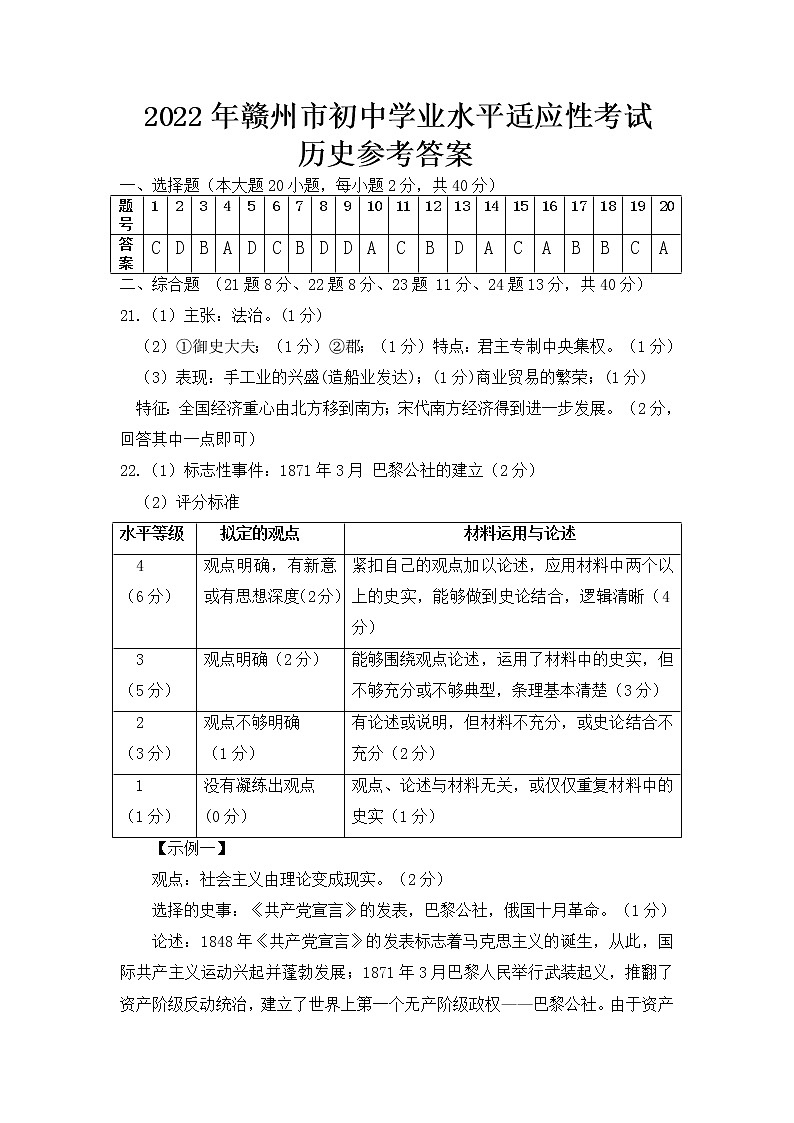 2022年江西省赣州市九年级学业水平适应性考试历史试题（含答案）01