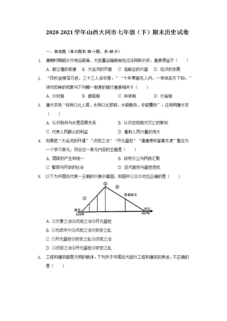 2020-2021学年山西大同市七年级（下）期末历史试卷（含解析）第1页