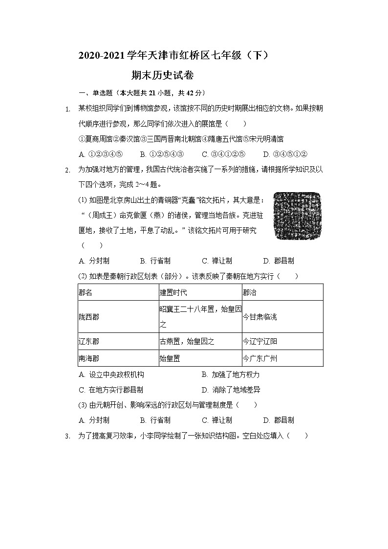 2020-2021学年天津市红桥区七年级（下）期末历史试卷（含解析）01