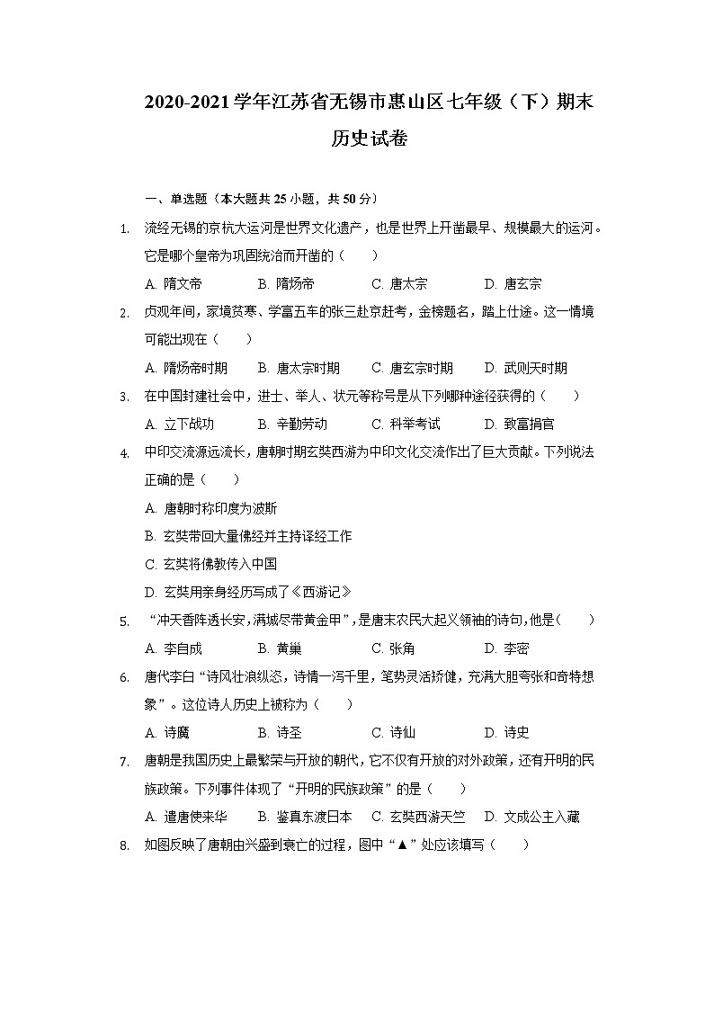 2020-2021学年江苏省无锡市惠山区七年级（下）期末历史试卷（含解析）第1页
