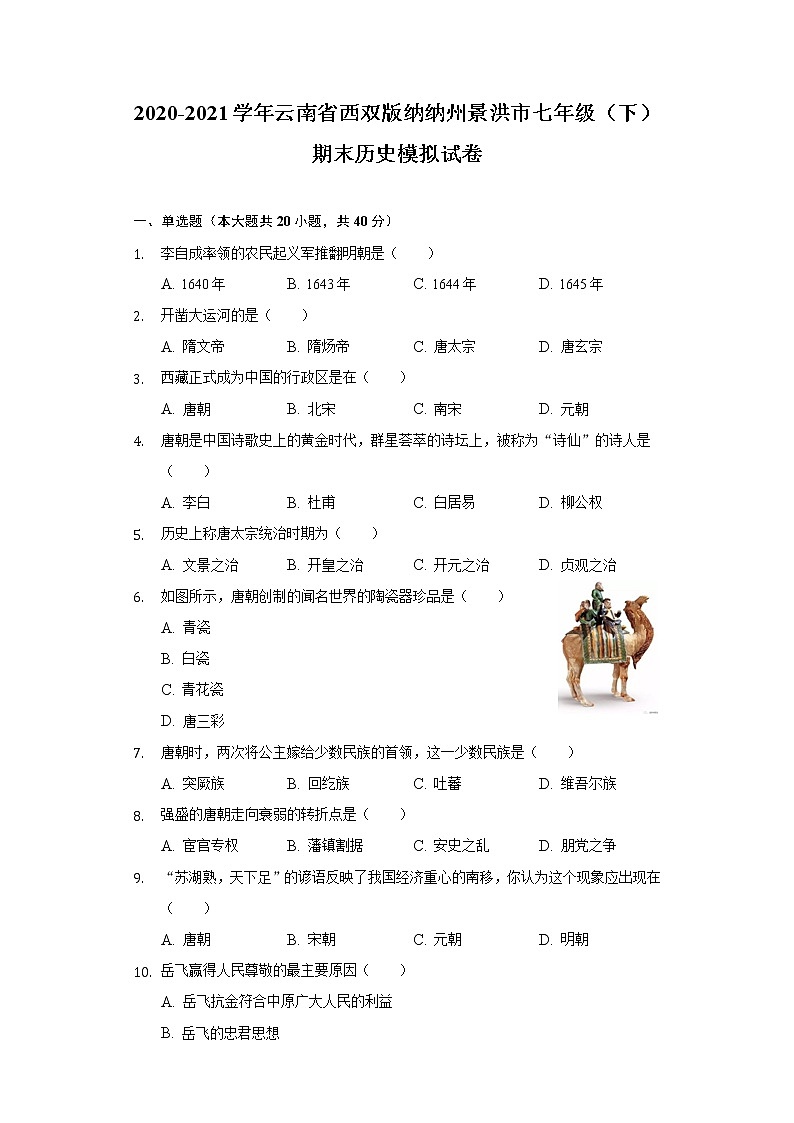 2020-2021学年云南省西双版纳纳州景洪市七年级（下）期末历史模拟试卷（含解析）第1页