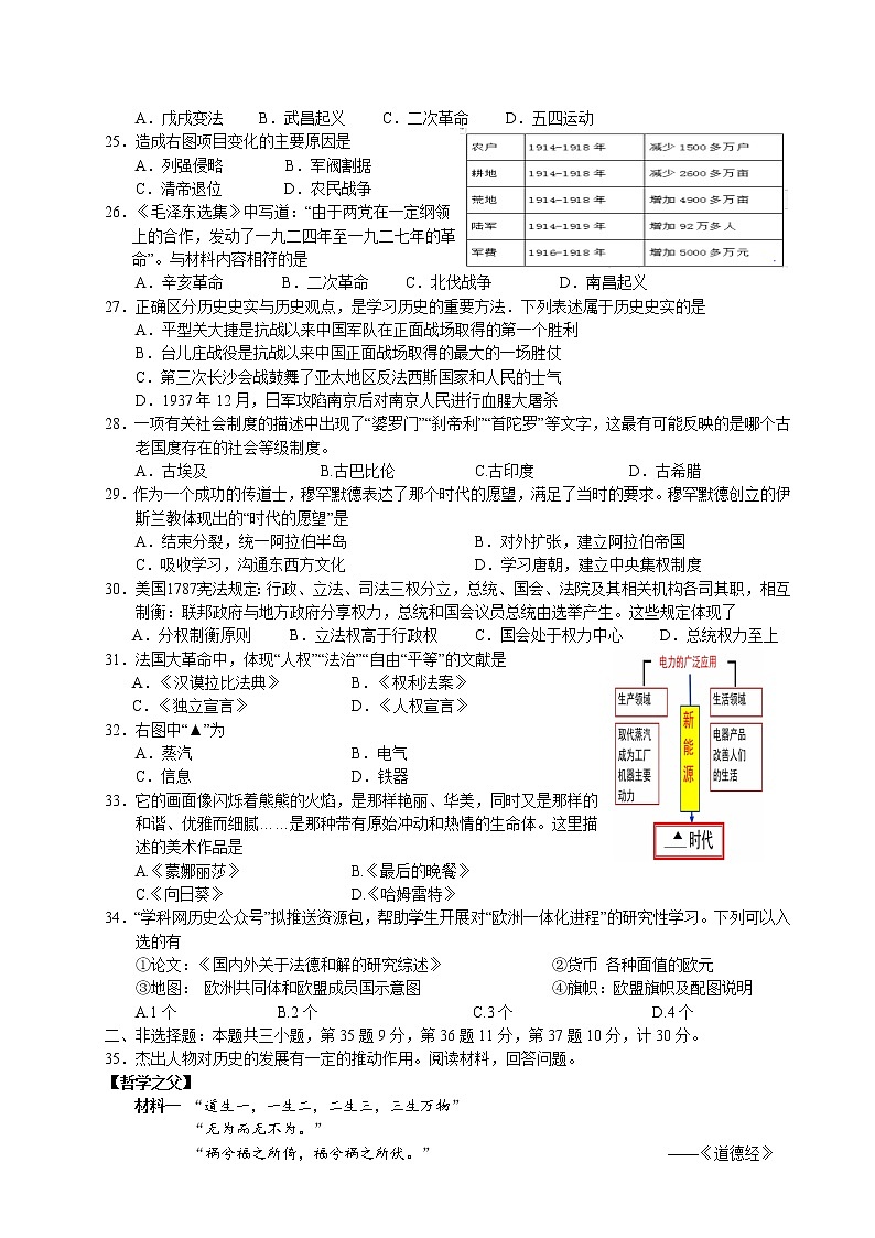 江苏省盐城市射阳县第三中学2022年中考历史第一次模拟练习卷第2页