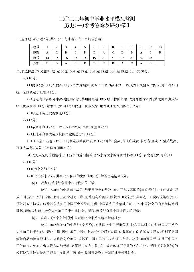 云南省昭通市昭阳区2021--2022学年部编版下学期初中学业水平模拟考试(一)九年级历史试题（含答案）01