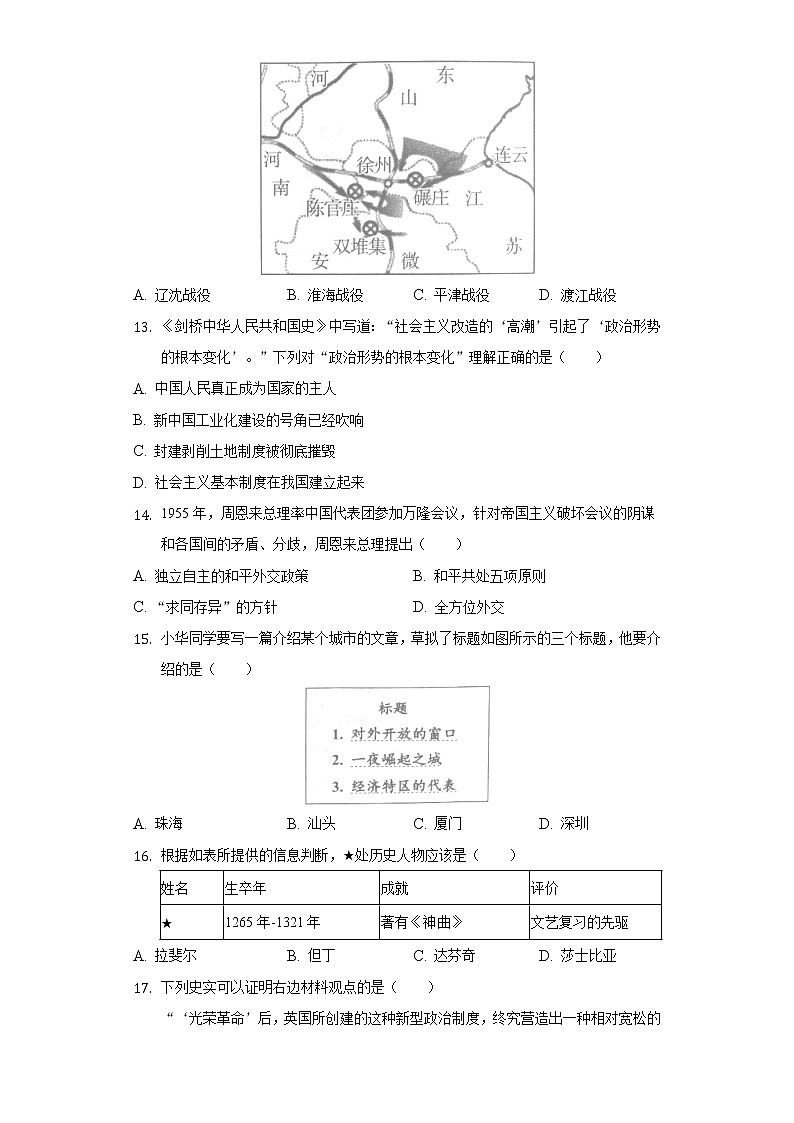 2022年山东省济宁市邹城市中考历史一模试卷（含解析）第3页