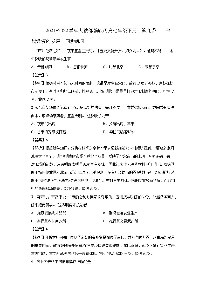 2021-2022学年人教部编版历史七年级下册  第九课  宋代经济的发展  同步练习2(含答案解析)01
