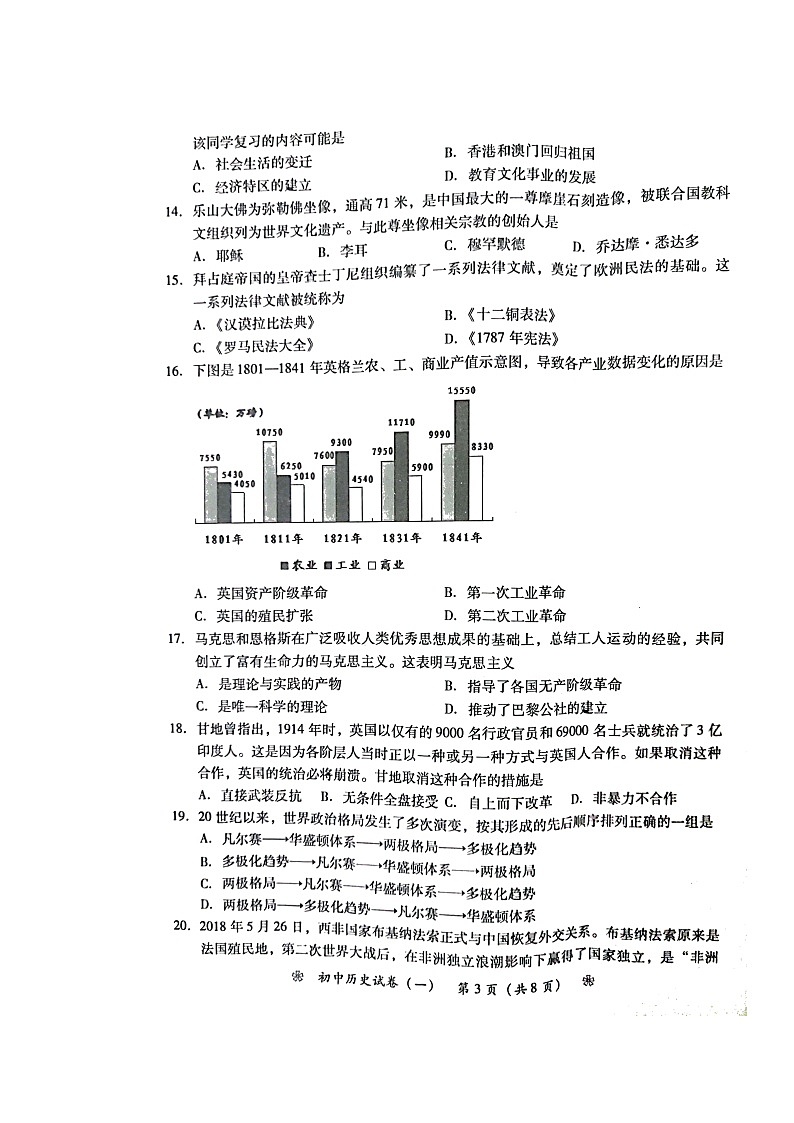 2022年湖南省衡阳市初中学业水平考试模拟检测（一）历史试题（含答案）03