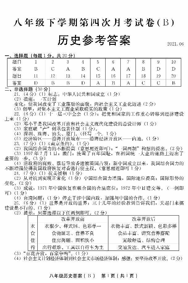 河南省林州市开元学校2020-2021学年八年级下学期第四次月考B历史试题（扫描图片版）01