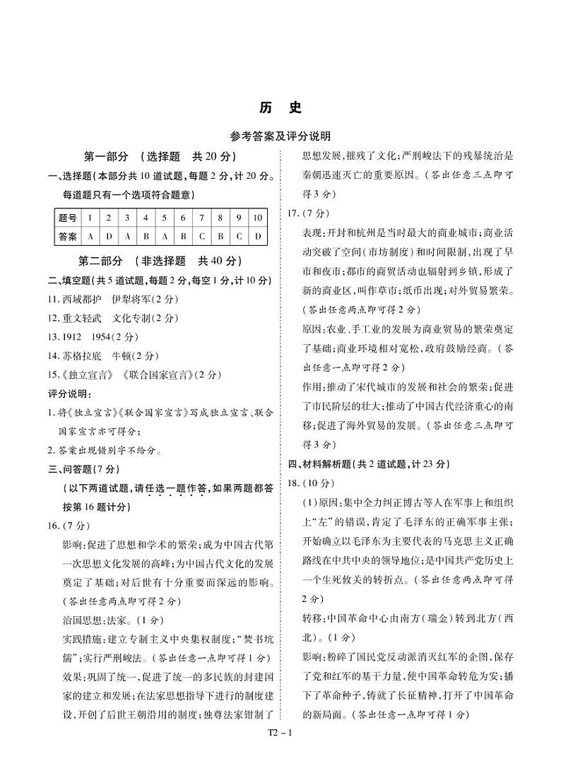 2022年陕西省宝鸡市陇县中考二模历史试题（含答案）01