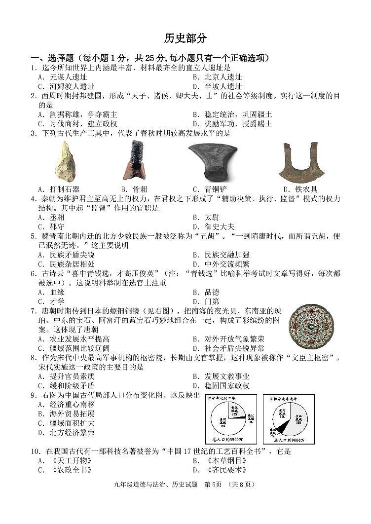 2022年吉林省长春市二道区中考模拟考试历史试卷（无答案）01