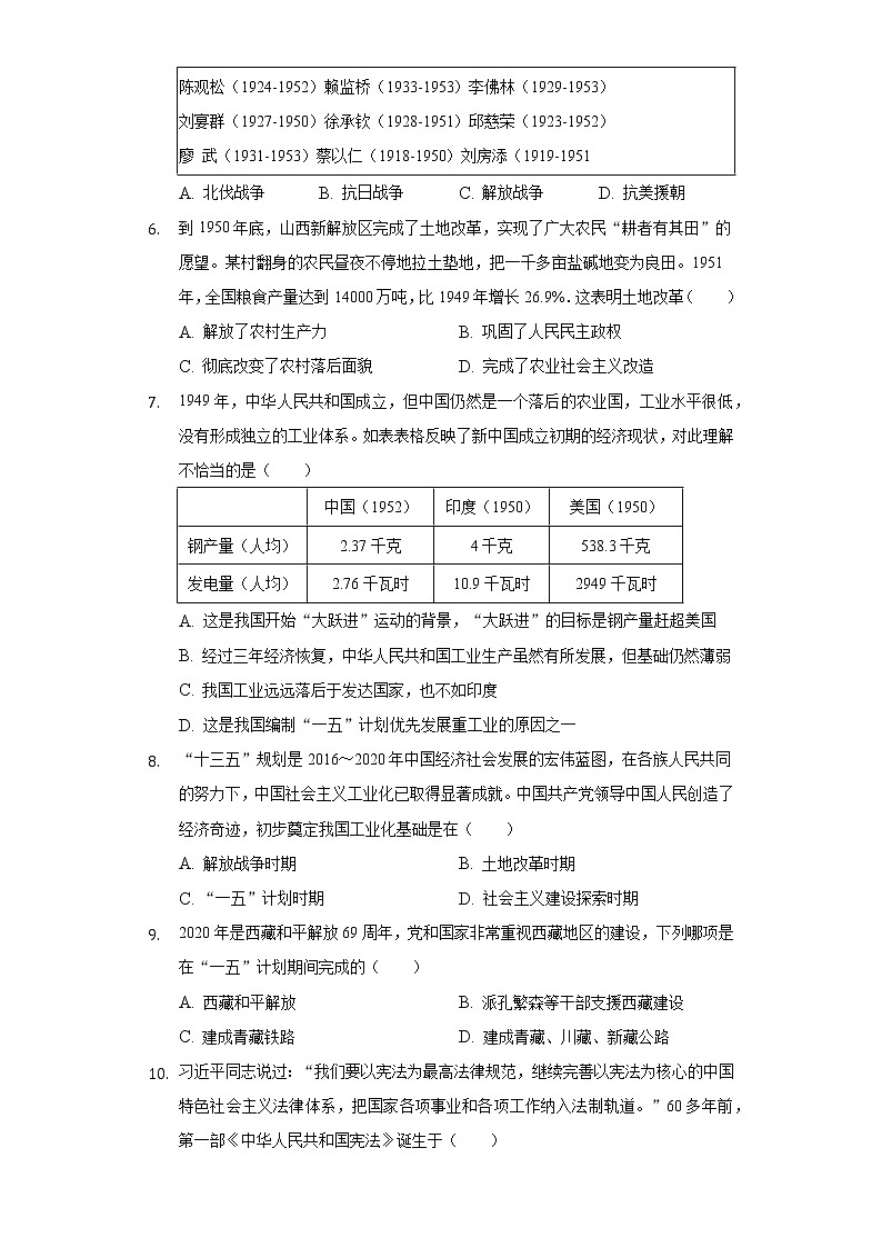 山西省太原市山大附中2019-2020学年八年级（下）第一次月考历史试卷（含解析）02