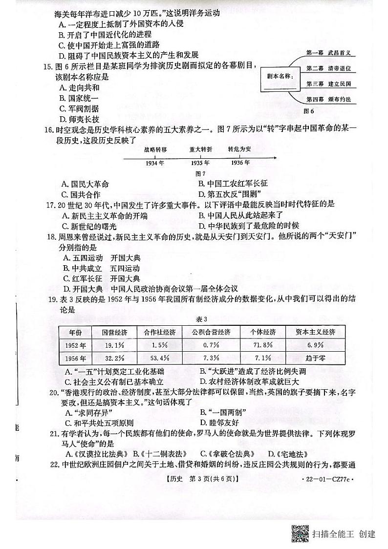 2022年福建省三明市尤溪县初中毕业班模拟考试历史试题（原卷版）第3页