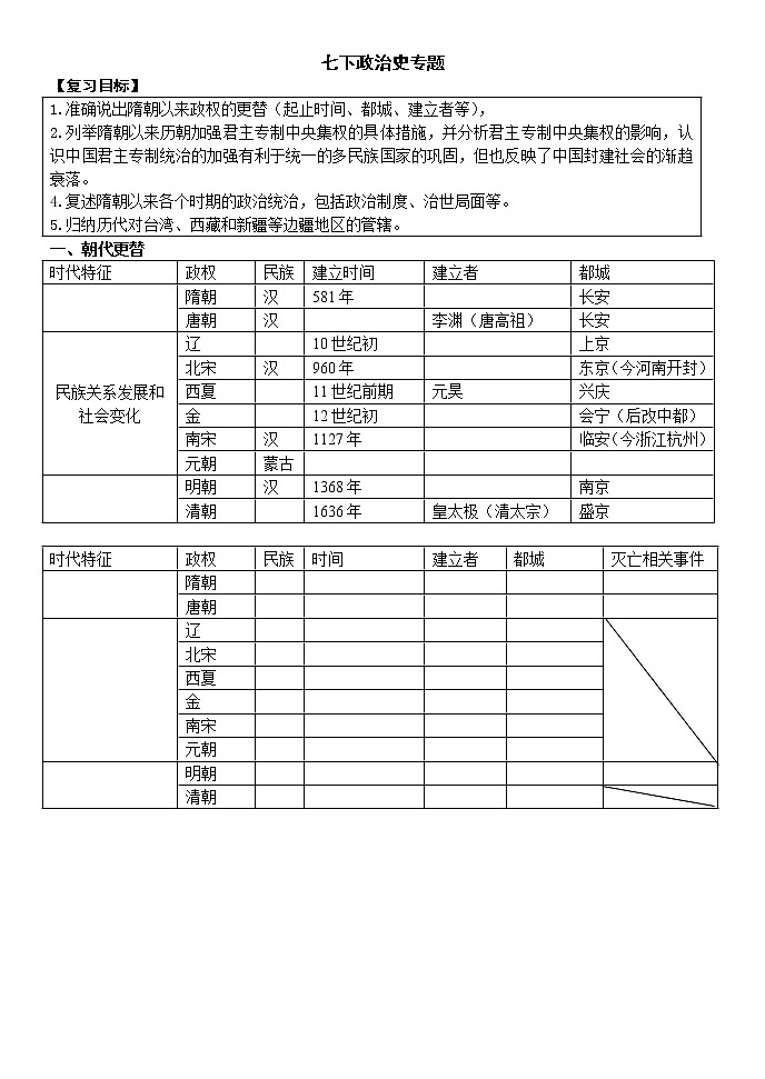 人教部编版七年级历史下复习政治史专题学案（无答案）(1)第1页