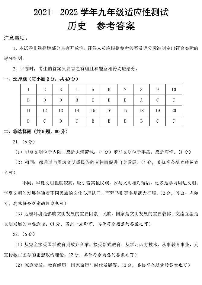 2022年郑州二模 历史答案第1页