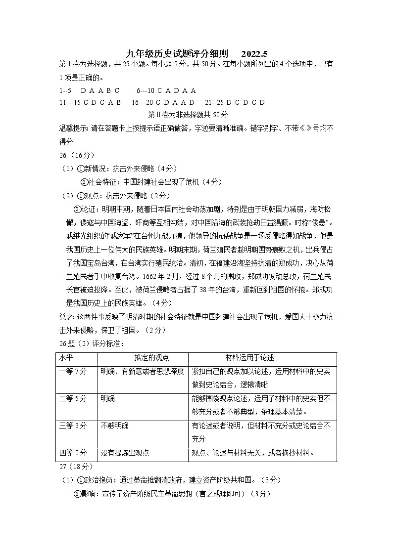 2022年山东省济南市平阴县中考二模历史试题（含答案）01