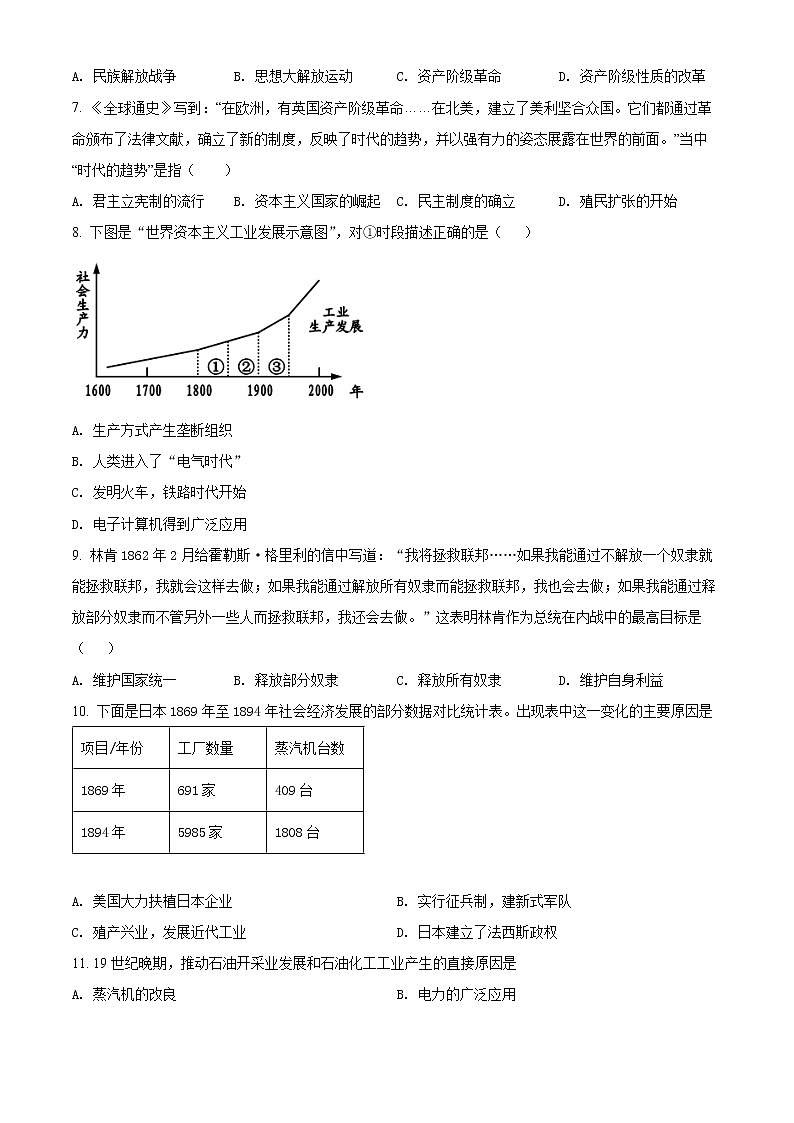 2022年四川省雅安中学中考一模历史卷及答案（文字版）02