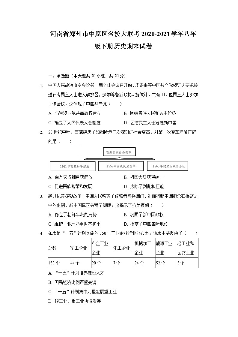 河南省郑州市中原区名校大联考2020-2021学年八年级下册历史期末试卷（含解析）01