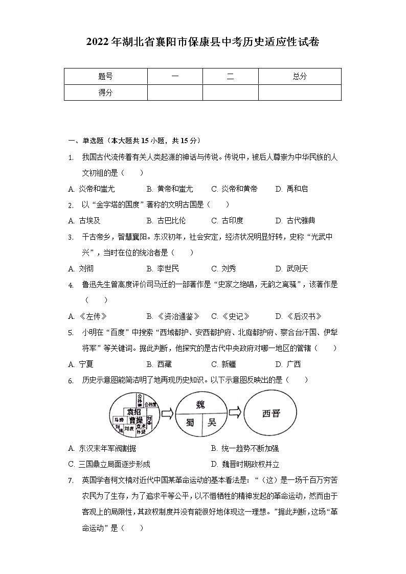 2022年湖北省襄阳市保康县中考历史适应性试卷（含解析）第1页