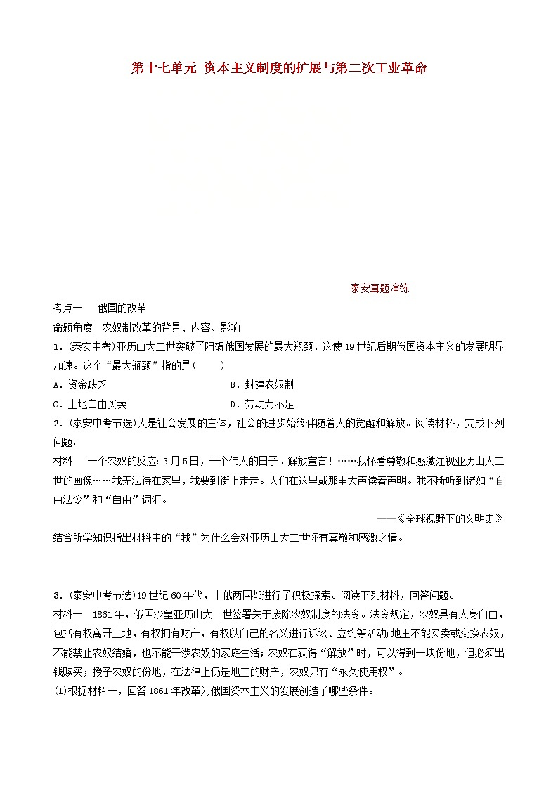 2022年山东省泰安市中考历史一轮复习17《资本主义制度的扩展与第二次工业革命》真题演练(含答案)第1页
