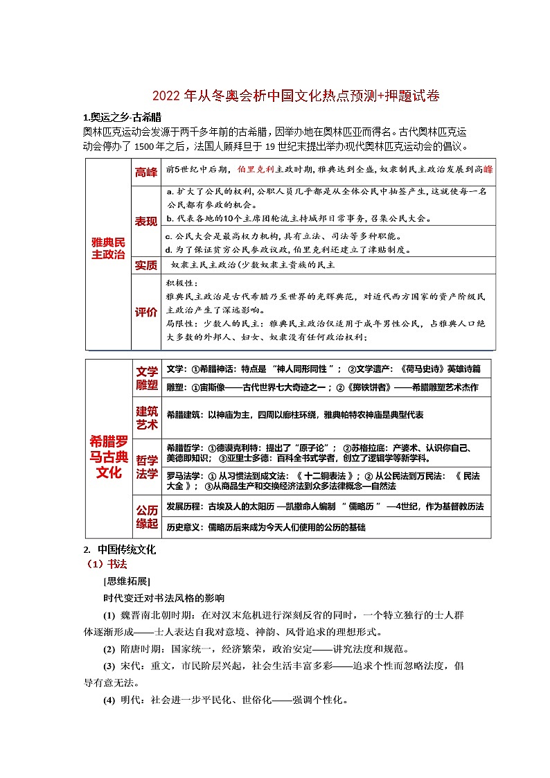 2022年广东中考历史终极攻略：从冬奥会析中国文化—热点抢分宝（热点解读+押题试卷）01