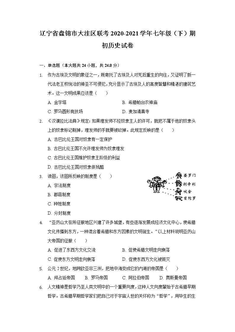 辽宁省盘锦市大洼区联考2020-2021学年七年级（下）期初历史试卷（含解析）第1页