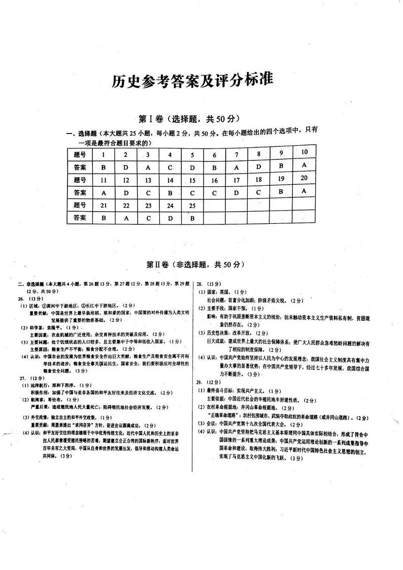 2022年云南省昆明市中考真题历史卷及答案（文字版）01