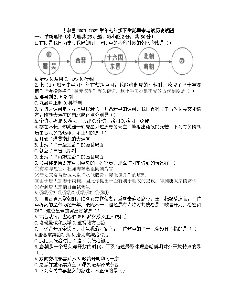 安徽省太和县2021-2022学年七年级下学期期末考试历史试题（含答案）第1页