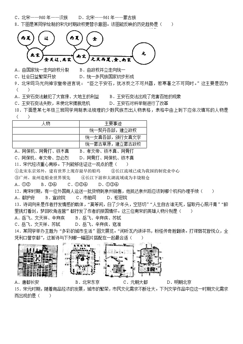 山东省德州市武城县2021-2022学年七年级下学期期末历史试题（含答案）02