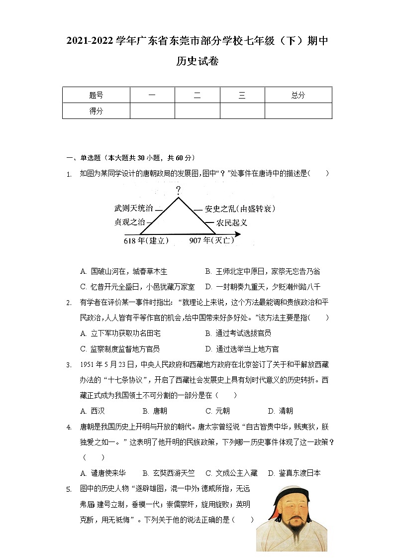 2021-2022学年广东省东莞市部分学校七年级（下）期中历史试卷（含解析）01