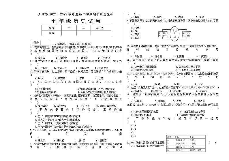 黑龙江省哈尔滨市五常市2021-2022学年七年级下学期期末考试历史试题(word版含答案)01
