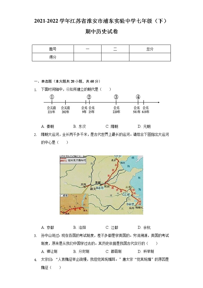 2021-2022学年江苏省淮安市浦东实验中学七年级（下）期中历史试卷（含解析）01