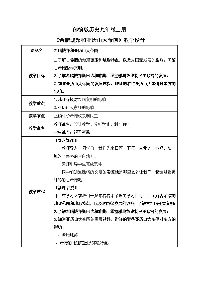 第四课《希腊城邦和亚历山大帝国》PPT课件+教学设计+同步练习01