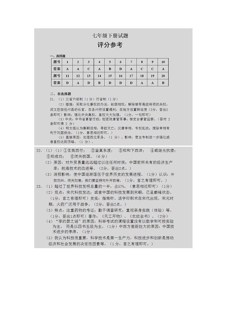 2021-2022学年度下学期山东省菏泽市牡丹区王浩屯镇初级中学七年级历史期末学业水平测试 - 副本01