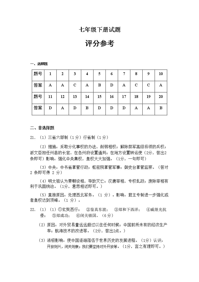 2021-2022学年度下学期山东省菏泽市牡丹区王浩屯镇初级中学七年级历史期末学业水平测试 - 副本01