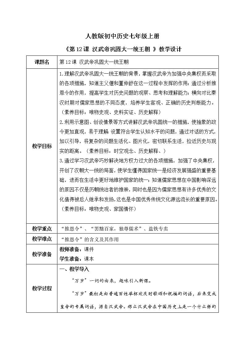部编版七上第12课《汉武帝巩固大一统王朝》教案+课件01