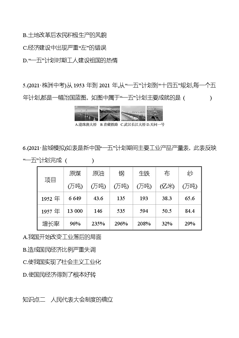2021-2022  武汉 部编版历史 八年级下册 第二单元  第4课新中国工业化的起步和人民代表大会制度的确立 同步练习03