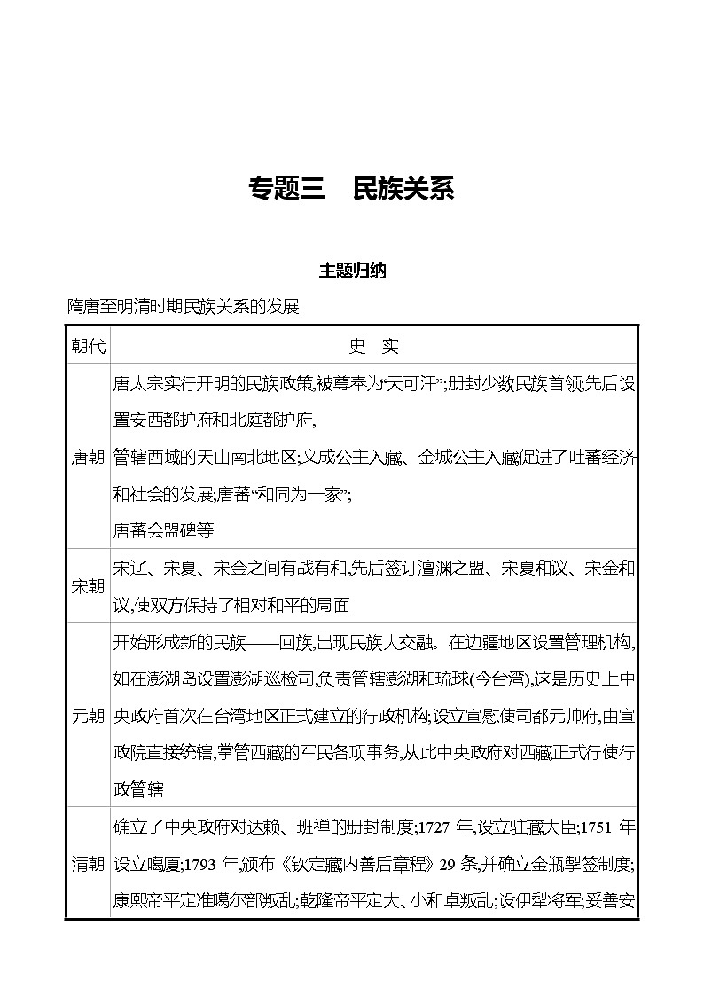 2021-2022  武汉 部编版历史 七年级下册 专题三民族关系 同步练习（学生版）第1页