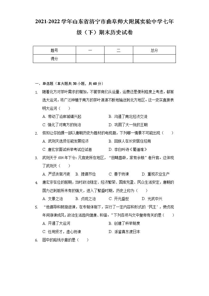 2021-2022学年山东省济宁市曲阜师大附属实验中学七年级（下）期末历史试卷（含解析）第1页
