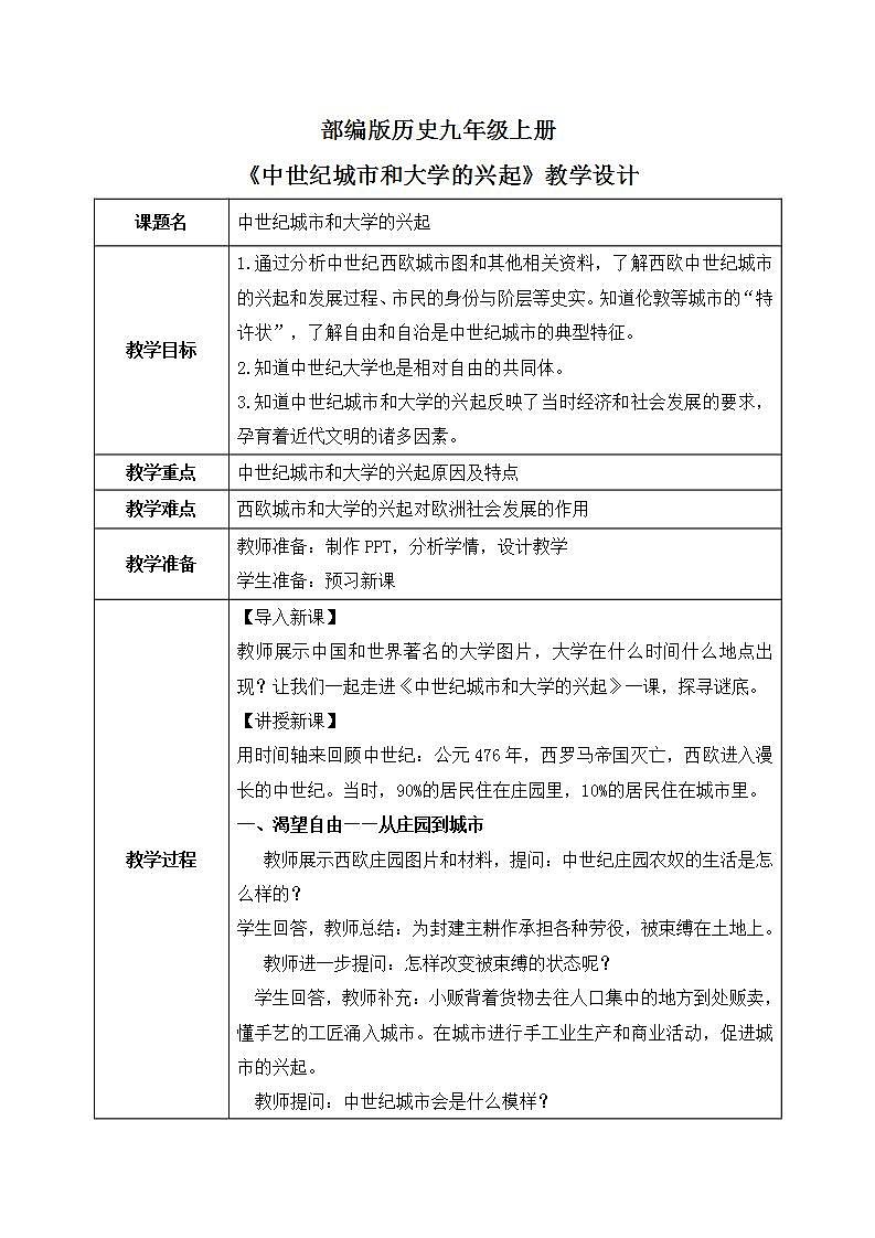 第九课《中世纪城市和大学的兴起》PPT+教学设计+同步练习01