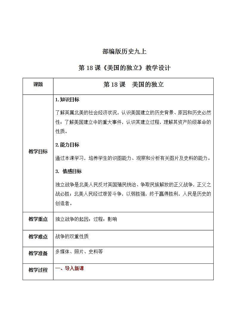 第18课《美国的独立》课件+教案+同步练习01