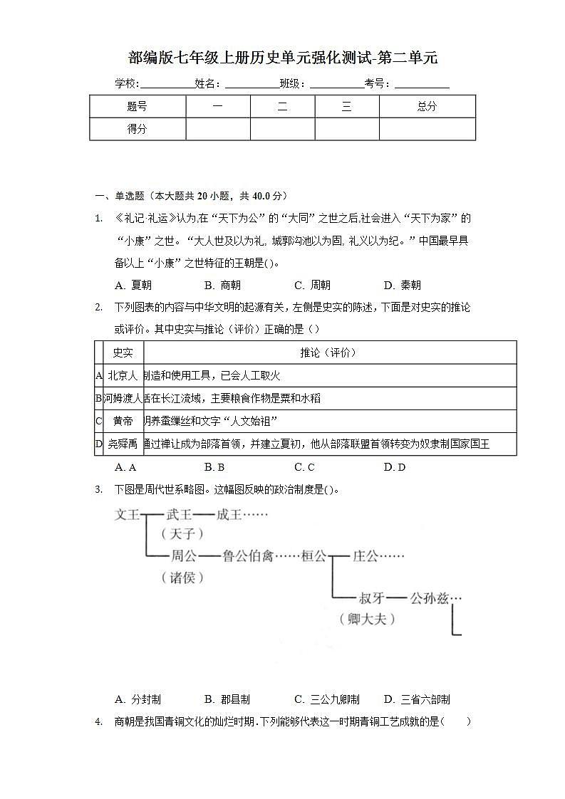 第二单元夏商周时期 单元测试题  2022-2023学年部编版七年级历史上册(word版含答案)01