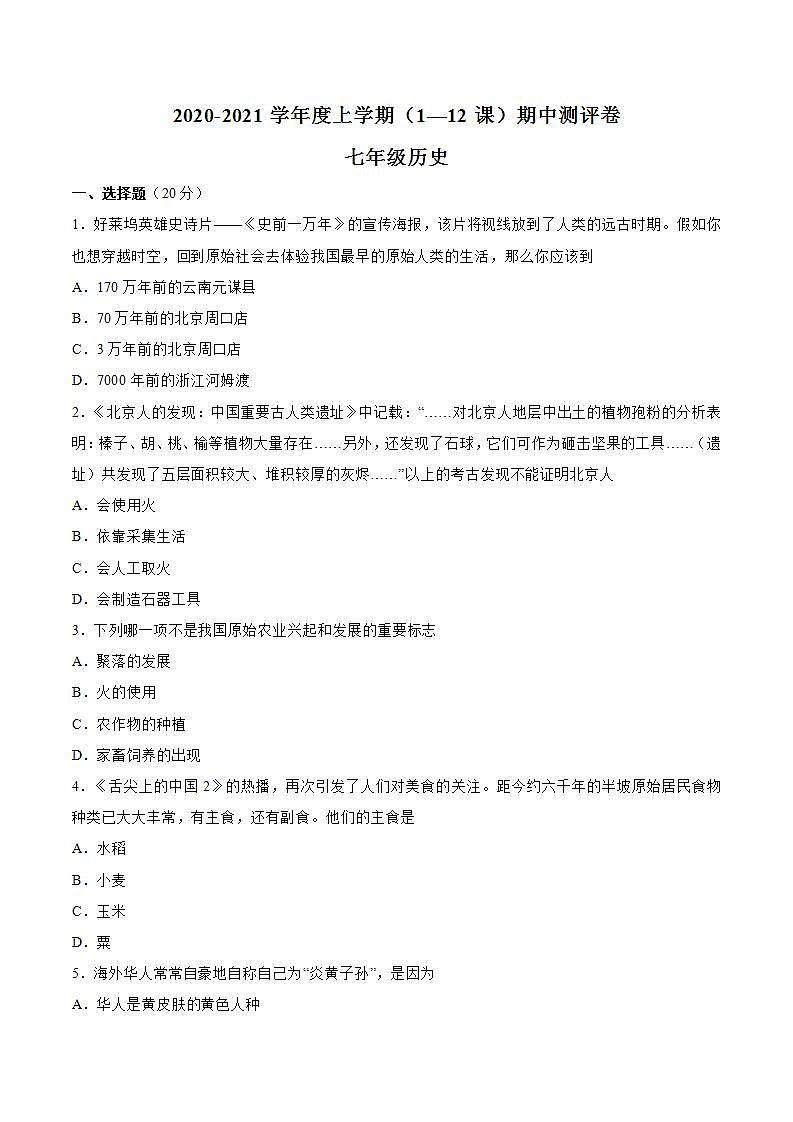 七年级上册期中考试卷 七年级历史上册同步阶段测评卷（含答案解析）01