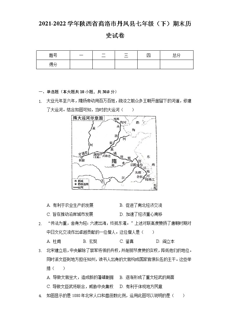 2021-2022学年陕西省商洛市丹凤县七年级（下）期末历史试卷（含解析）第1页