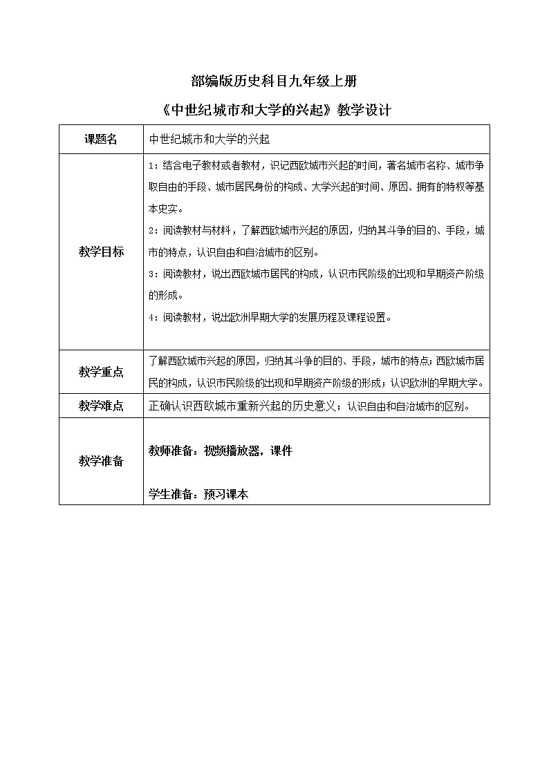 《中世纪城市和大学的兴起》教案第1页