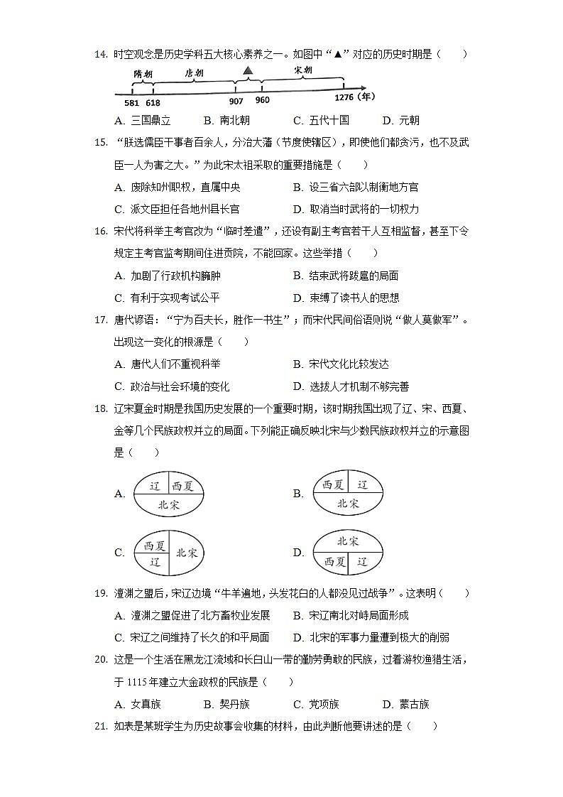 2021-2022学年福建省龙岩市武平中学七年级（下）期中历史试卷（含解析）03