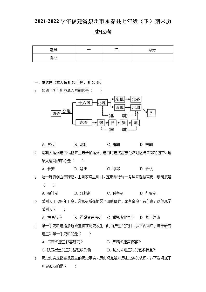 2021-2022学年福建省泉州市永春县七年级（下）期末历史试卷（含解析）01