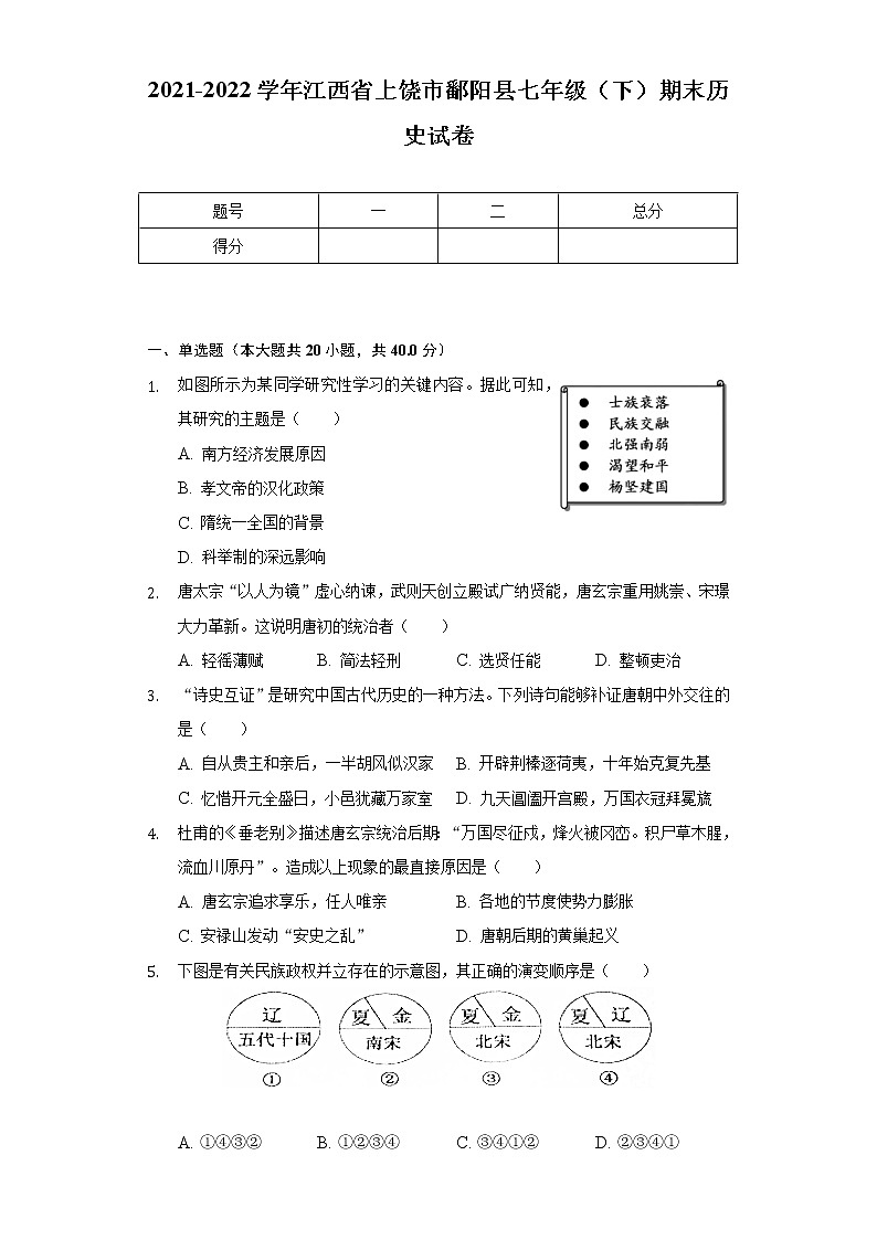 2021-2022学年江西省上饶市鄱阳县七年级（下）期末历史试卷（含解析）01