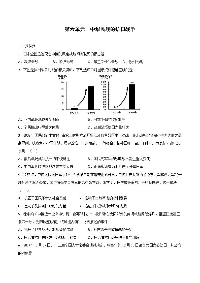 第六单元中华民族的抗日战争-【全脑训练】2020-2021学年八年级历史上册同步阶段测评卷（单元卷+期中期末卷）01